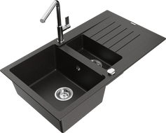 Mexen Matias granite sink 1.5-bowl with drainer and Flora kitchen tap, black/golden metallic - 6502-75-670401-00