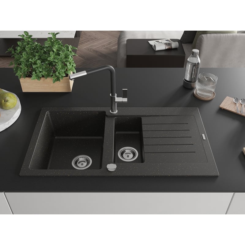 Mexen Matias Granitspüle 1,5-Kammer mit Abtropffläche und Küchenarmatur Flora, schwarz/gold metallic - 6502-75-670401-07