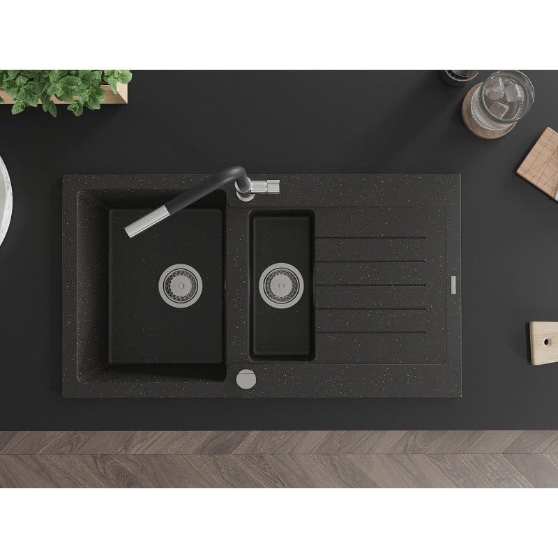 Mexen Matias 1.5-bowl granite sink with drainer and Flora kitchen tap, black/gold metallic - 6502-75-670401-07