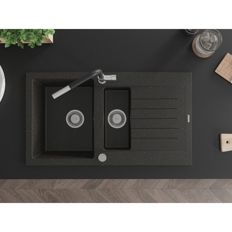 Mexen Matias évier en granit 1,5 bac avec égouttoir et robinet de cuisine Flora, noir/or métallique - 6502-75-670401-07