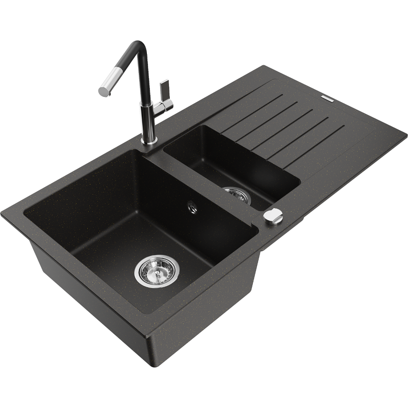 Mexen Matias 1.5-bowl granite sink with drainer and Flora kitchen tap, black/gold metallic - 6502-75-670401-07