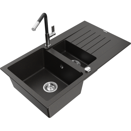 Mexen Matias 1.5-bowl granite sink with drainer and Flora kitchen tap, black/gold metallic - 6502-75-670401-07