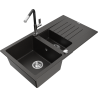Mexen Matias 1.5-bowl granite sink with drainer and Flora kitchen tap, black/gold metallic - 6502-75-670401-07