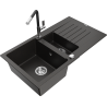 Mexen Matias fregadero de granito de 1,5 senos con escurridor y grifo de cocina Flora, negro/metálico dorado