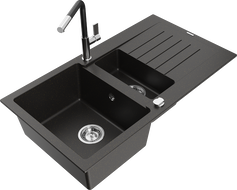 Mexen Matias 1.5-bowl granite sink with drainer and Flora kitchen tap, black/gold metallic - 6502-75-670401-07