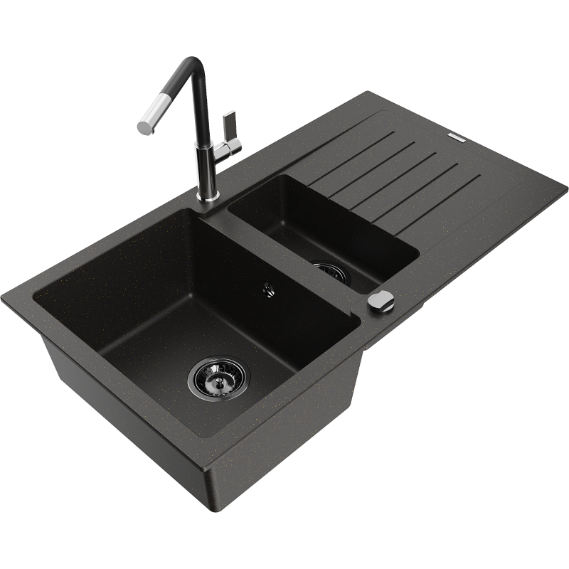 Mexen Matias granīta izlietne ar 1,5 kamerām un notecinātāju, un Flora virtuves jaucējkrānu, melna/zelta