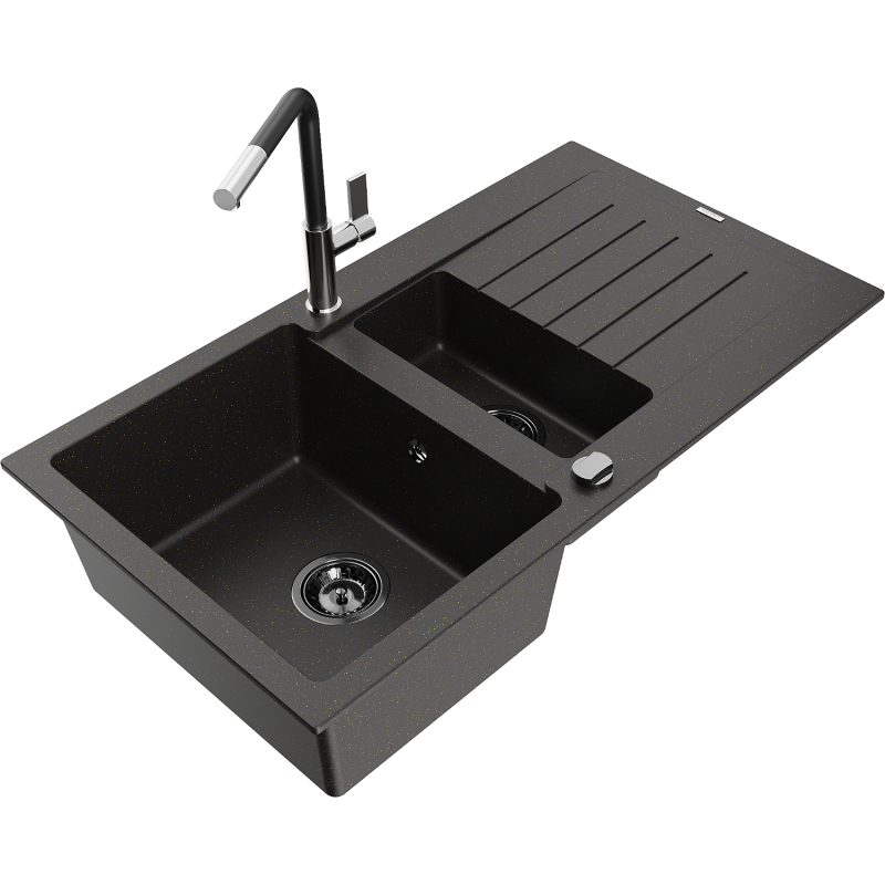 Mexen Matias granite sink 1.5-bowl with drainer and Flora kitchen tap, black/gold - 6502-75-670401-07-B