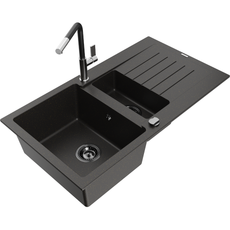 Mexen Matias granīta izlietne ar 1,5 kamerām un notecinātāju, un Flora virtuves jaucējkrānu, melna/zelta