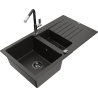 Mexen Matias granite sink 1.5-bowl with drainer and Flora kitchen tap, black/gold - 6502-75-670401-07-B