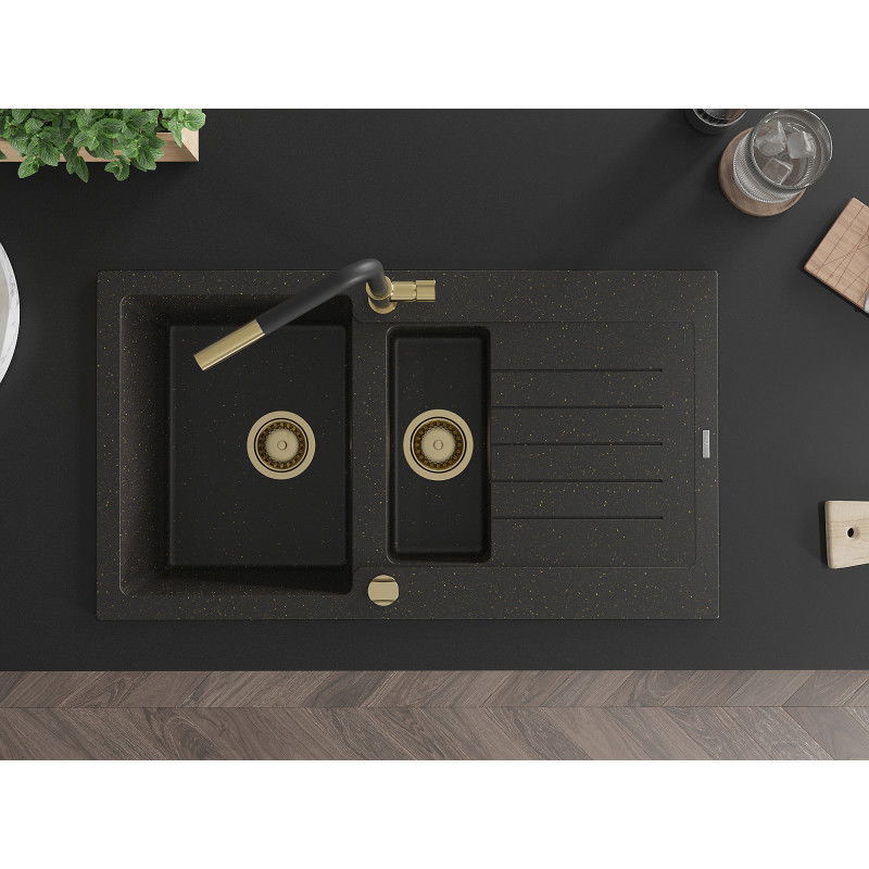 Mexen Matias 1.5-bowl granite kitchen sink with drainer and Flora kitchen tap, black/gold - 6502-75-670401-57-G