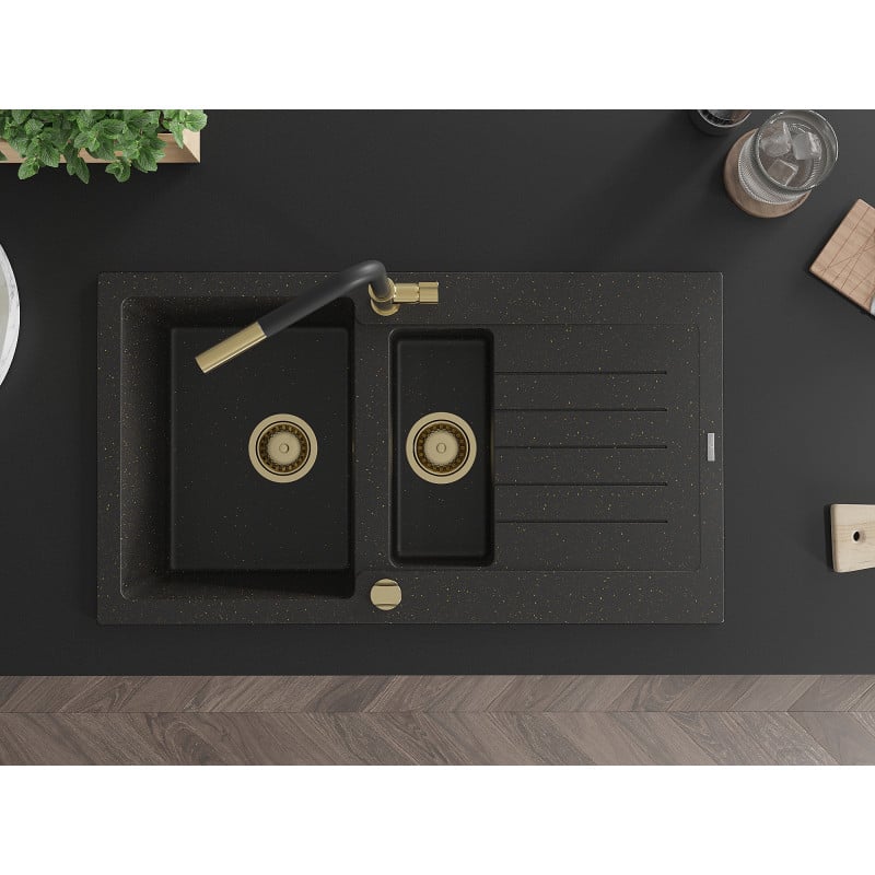 Mexen Matias fregadero de granito 1,5-foso con escurridor y grifo de cocina Flora, negro/dorado - 6502-75-670401-57-G