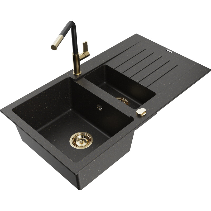 Mexen Matias fregadero de granito 1,5-foso con escurridor y grifo de cocina Flora, negro/dorado - 6502-75-670401-57-G
