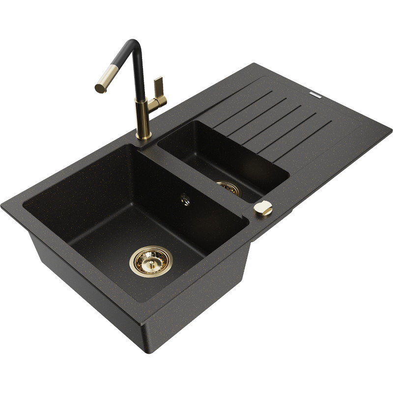 Mexen Matias fregadero de granito de 1,5 senos con escurridor y grifo de cocina Flora, negro/oro - 6502-75-670401-57-G