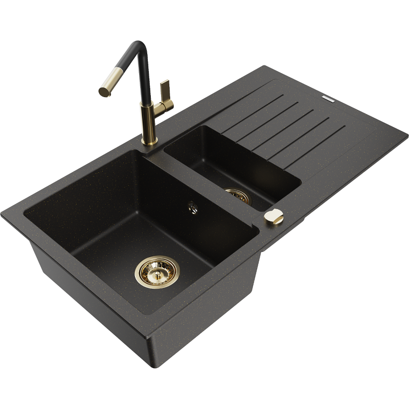 Mexen Matias lavello granitico 1,5 vasca con scolapiatti e miscelatore cucina Flora, nero/oro - 6502-75-670401-57-G