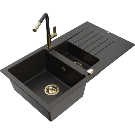 Mexen Matias fregadero de granito 1,5-foso con escurridor y grifo de cocina Flora, negro/dorado - 6502-75-670401-57-G