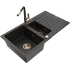 Mexen Matias 1.5-bowl granite kitchen sink with drainer and Flora kitchen tap, black/gold - 6502-75-670401-57-G