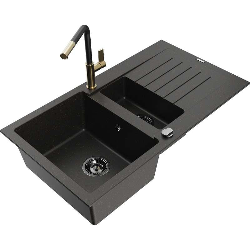 Mexen Matias 1.5-bowl granite sink with drainer and Flora kitchen tap, black/gold - 6502-75-670401-57-B
