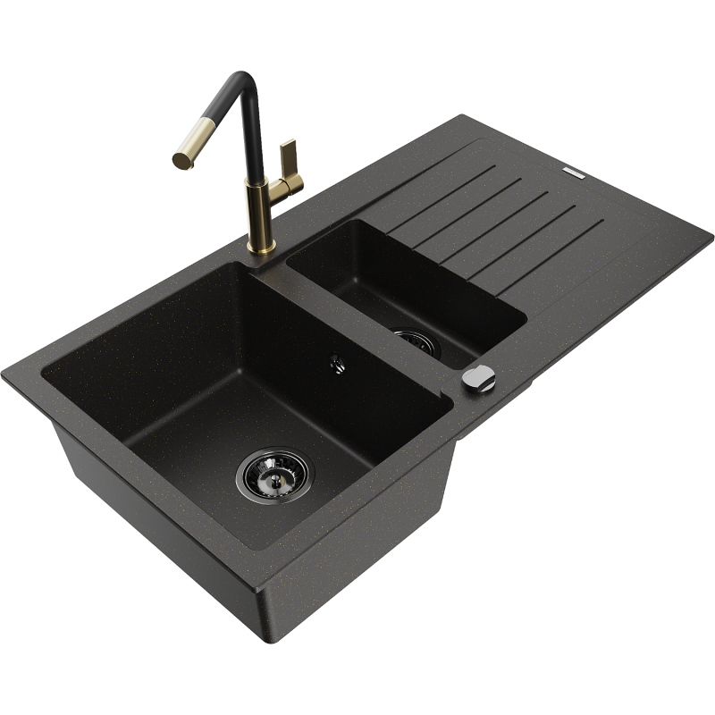 Mexen Matias fregadero de granito de 1,5 senos con escurridor y grifo de cocina Flora, negro/dorado - 6502-75-670401-57-B