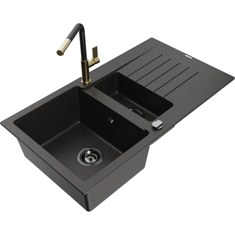 Mexen Matias lava-loiça de granito de 1,5 bacia com escorredor e torneira de cozinha Flora, preto/dourado - 6502-75-670401-57-B