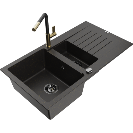 Mexen Matias 1.5-bowl granite sink with drainer and Flora kitchen tap, black/gold - 6502-75-670401-57-B