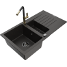 Mexen Matias fregadero de granito de 1,5 tazones con escurridor y grifo de cocina Flora, negro/oro - 6502-75-670401-57-B