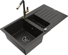 Mexen Matias 1.5-bowl granite sink with drainer and Flora kitchen tap, black/gold - 6502-75-670401-57-B