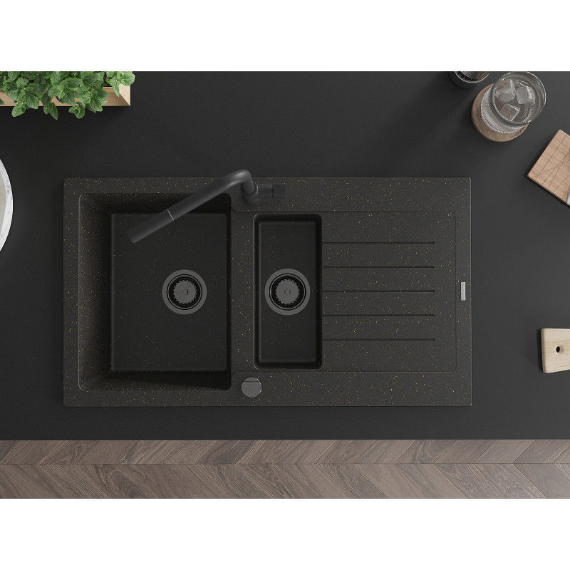 Mexen Matias granitdiskbänk 1,5-fack med avrinningsyta och köksblandare Flora, svart/guld - 6502-75-670401-70-B