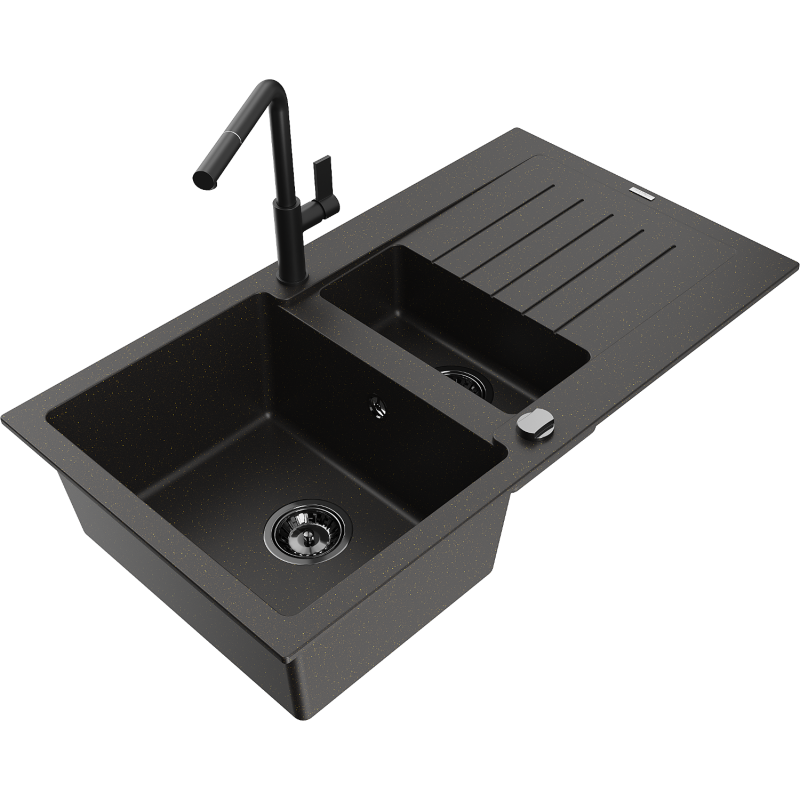 Mexen Matias granieten spoelbak 1,5-komer met afdruiprek en keukenkraan Flora, zwart/goud - 6502-75-670401-70-B