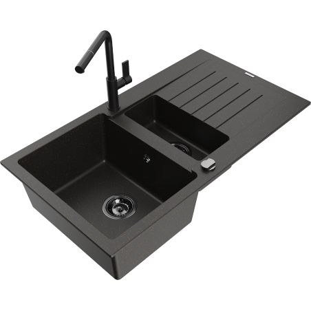 Mexen Matias fregadero de granito de 1,5 senos con escurridor y grifo de cocina Flora, negro/dorado - 6502-75-670401-70-B