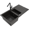 Mexen Matias évier en granit 1,5 bac avec égouttoir et robinet de cuisine Flora, noir/or - 6502-75-670401-70-B
