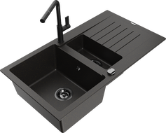 Mexen Matias 1.5-bowl granite sink with drainer and Flora kitchen tap, black/gold - 6502-75-670401-70-B