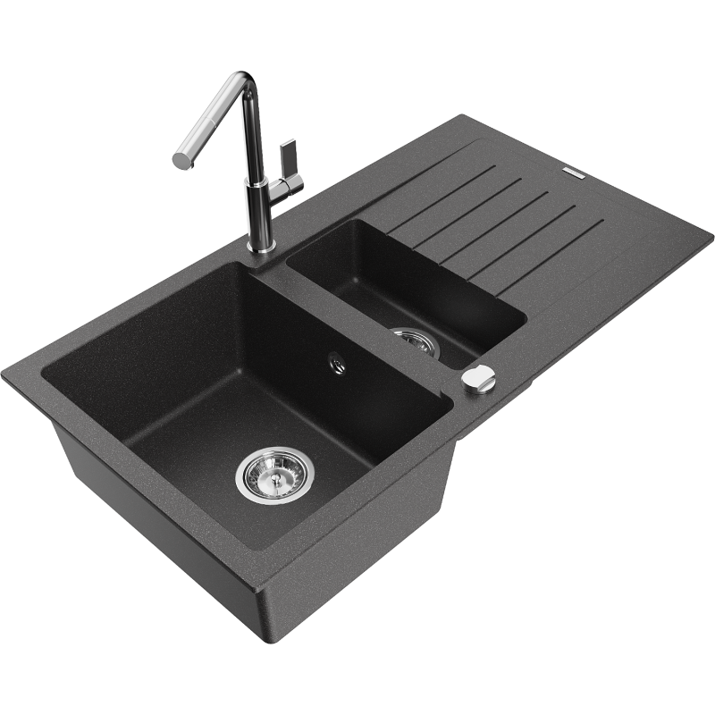 Mexen Matias granitdiskbänk 1,5-ho med avrinningsyta och köksblandare Flora, svart med prickar - 6502-76-670401-00