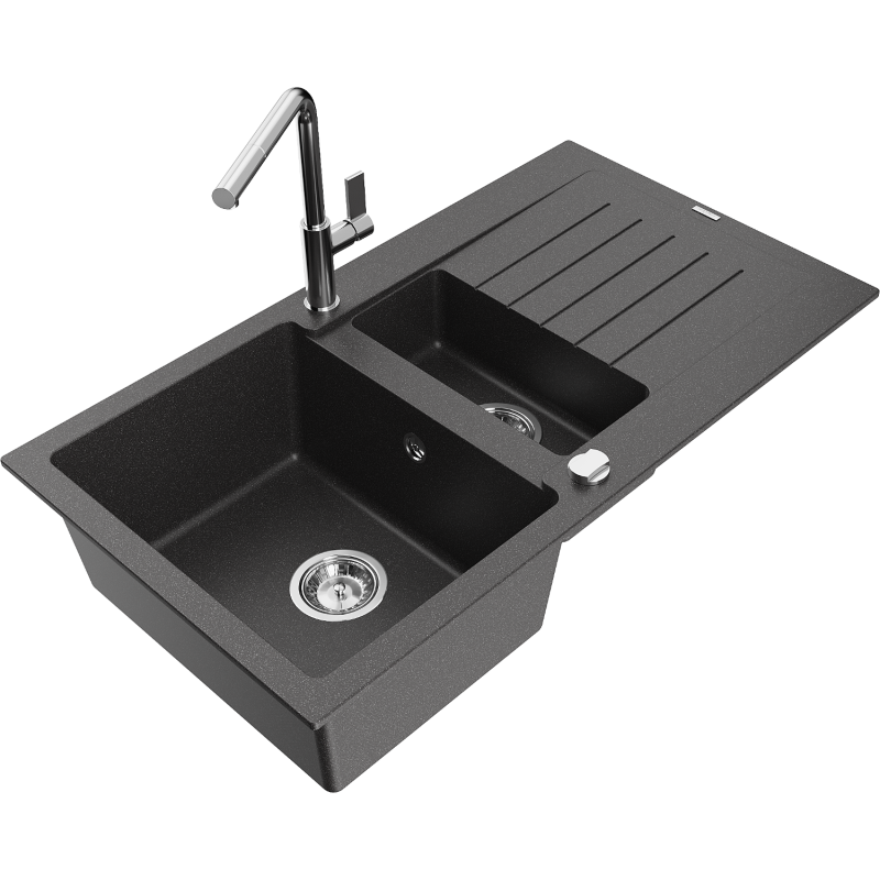 Mexen Matias granite sink 1.5-bowl with drainer and Flora kitchen tap, speckled black - 6502-76-670401-00