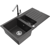 Mexen Matias 1,5-komors granieten gootsteen met afdruiprek en Flora keukenmengkraan, zwart gespikkeld - 6502-76-670401-00