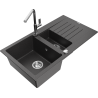 Mexen Matias granieten spoelbak 1,5-kamer met afdruiprek en keukenmengkraan Flora, zwart gespikkeld - 6502-76-670401-00