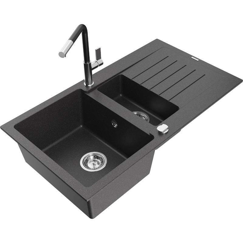 Mexen Matias fregadero de granito de 1,5 cubetas con escurridor y grifo de cocina Flora, negro moteado - 6502-76-670401-07