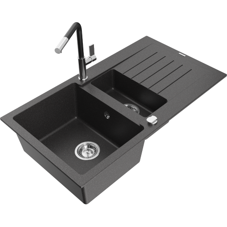 Mexen Matias 1.5-bowl granite sink with drainer and Flora kitchen faucet, black speckled - 6502-76-670401-07
