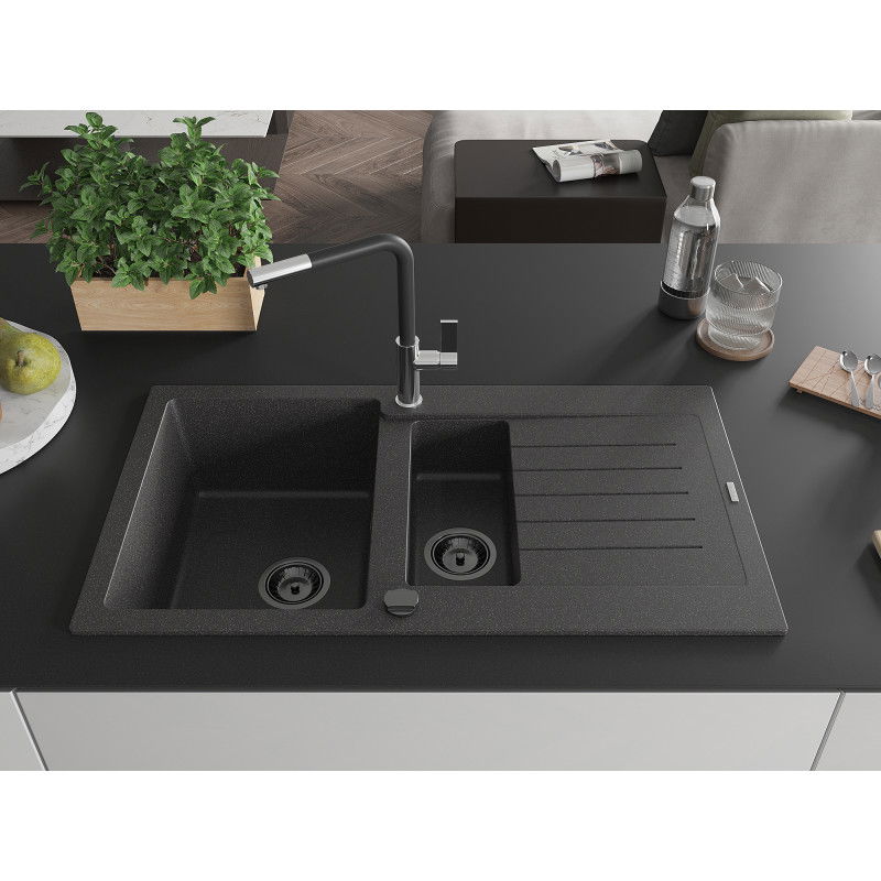 Mexen Matias granite kitchen sink 1.5-bowl with drainer and Flora kitchen tap, black speckled - 6502-76-670401-07-B
