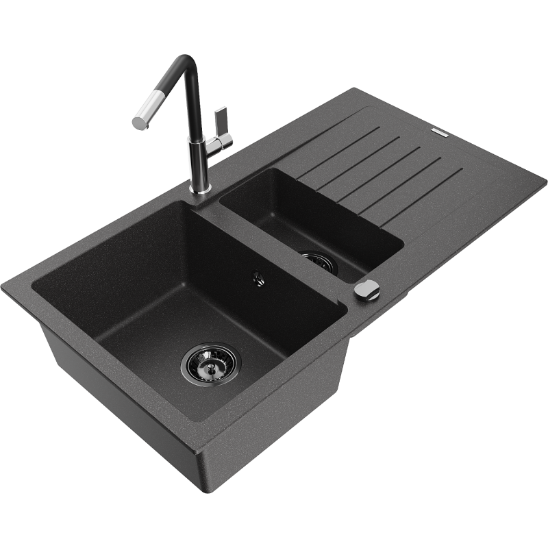 Mexen Matias fregadero de granito de 1,5 senos con escurridor y grifo de cocina Flora, negro con motas - 6502-76-670401-07-B