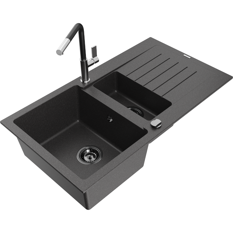 Mexen Matias lava-louça de granito 1,5-cubas com escorredor e torneira de cozinha Flora, preto salpicado - 6502-76-670401-07-B