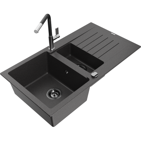 Mexen Matias fregadero de granito de 1,5 senos con escurridor y grifo de cocina Flora, negro con motas - 6502-76-670401-07-B