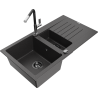 Mexen Matias granite kitchen sink 1.5-bowl with drainer and Flora kitchen tap, black speckled - 6502-76-670401-07-B