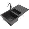 Mexen Matias granite sink 1.5-bowl with drainer and Flora kitchen faucet, black speckled - 6502-76-670401-07-B