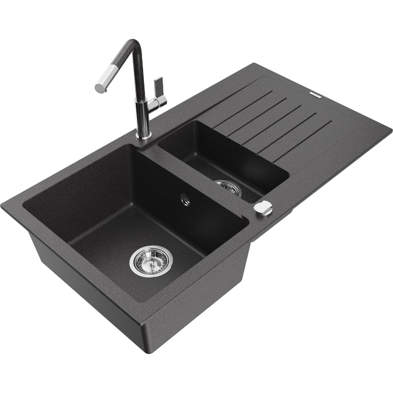 Mexen Matias granite sink 1.5-bowl with drainer and Flora kitchen faucet, black speckled - 6502-76-670401-08