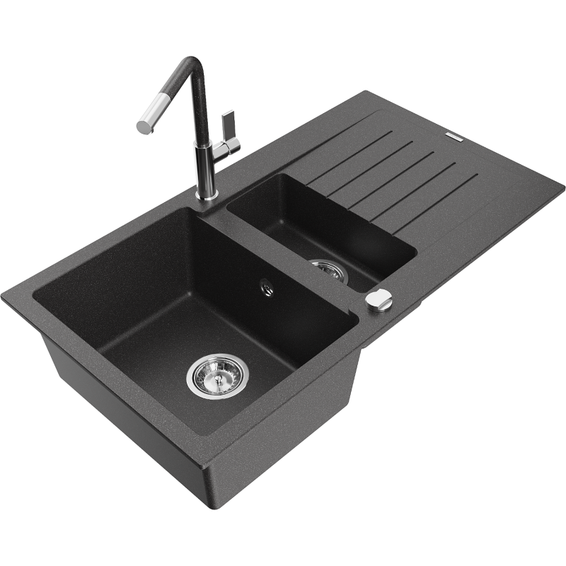 Mexen Matias Granite Sink 1.5-Bowl with Drainer and Flora Kitchen Tap, Black Speckled - 6502-76-670401-08