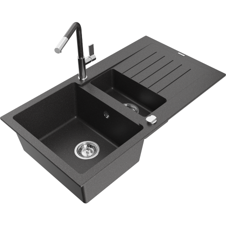 Mexen Matias Granite Sink 1.5-Bowl with Drainer and Flora Kitchen Tap, Black Speckled - 6502-76-670401-08