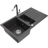 Mexen Matias Granite Sink 1.5-Bowl with Drainer and Flora Kitchen Tap, Black Speckled - 6502-76-670401-08