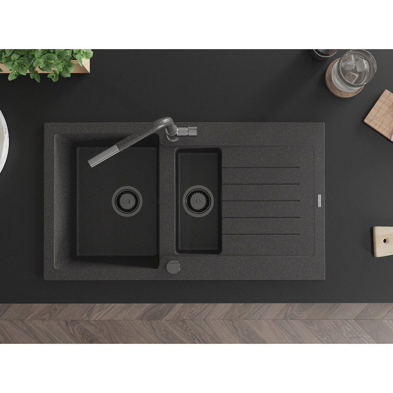 Mexen Matias granite sink 1.5-bowl with drainer and Flora kitchen tap, speckled black - 6502-76-670401-08-B
