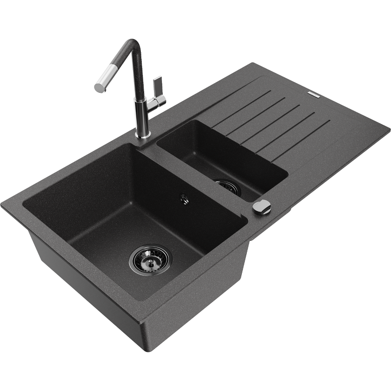 Mexen Matias granitvask 1,5-fack med avrinning och köksblandare Flora, svart med stänk - 6502-76-670401-08-B