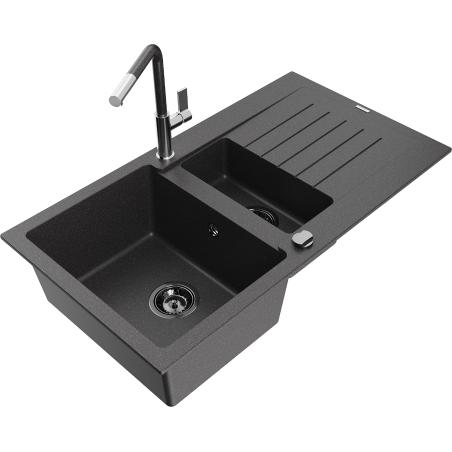 Mexen Matias fregadero de granito de 1,5 senos con escurridor y grifo de cocina Flora, negro moteado - 6502-76-670401-08-B